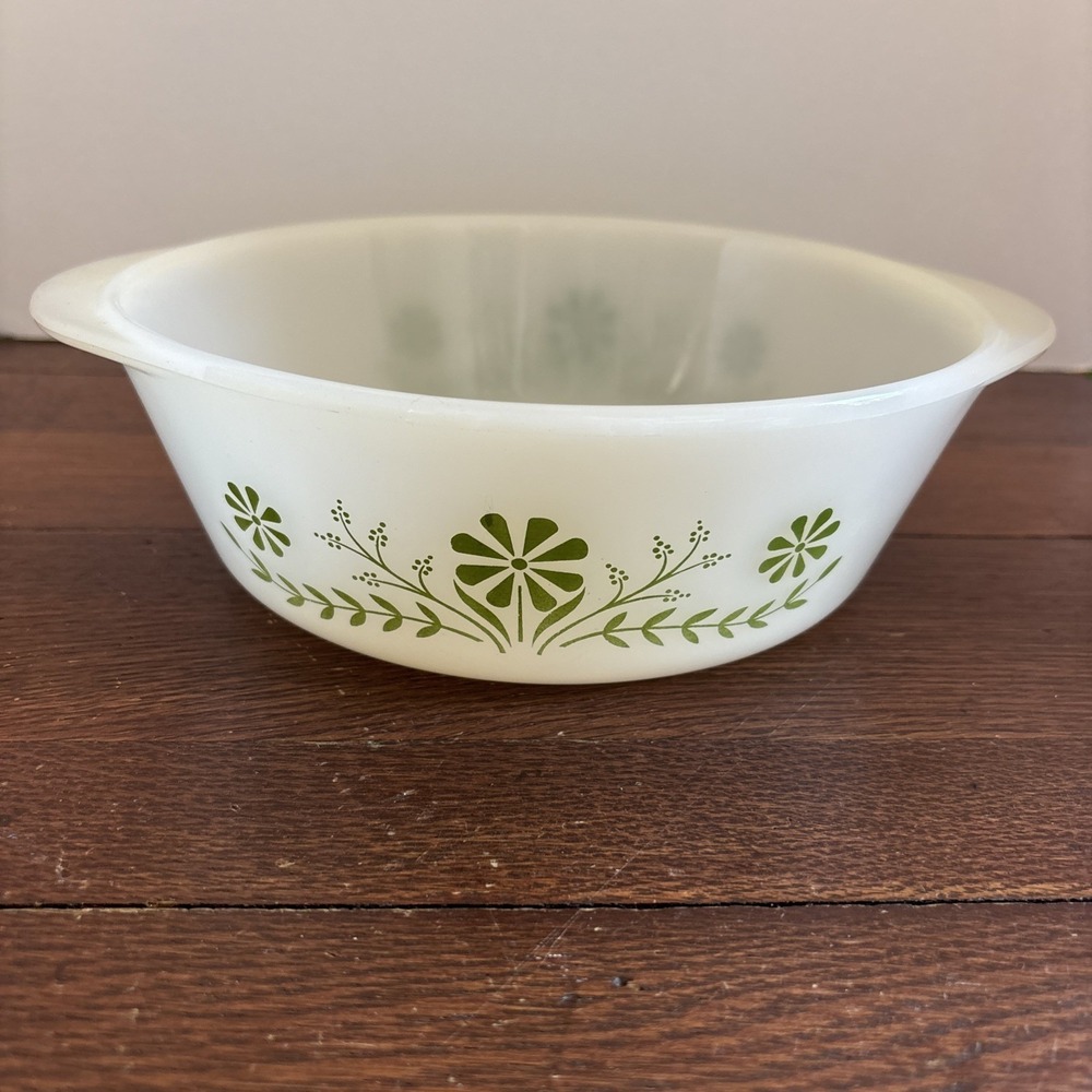 Vintage Glasbake 8.5" Green Daisy Casserole Dish NO Lid 2 Qt USA J514 Ovenware